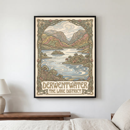 Derwentwater travel poster in a black frame, hanging in a bedroom3