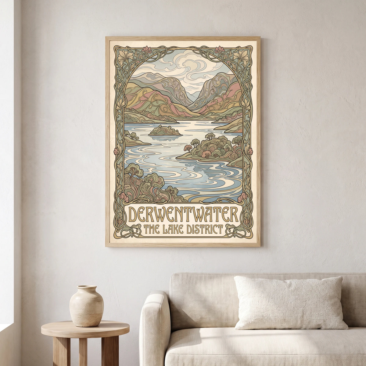 Derwentwater travel poster in a natural frame, hanging in a living