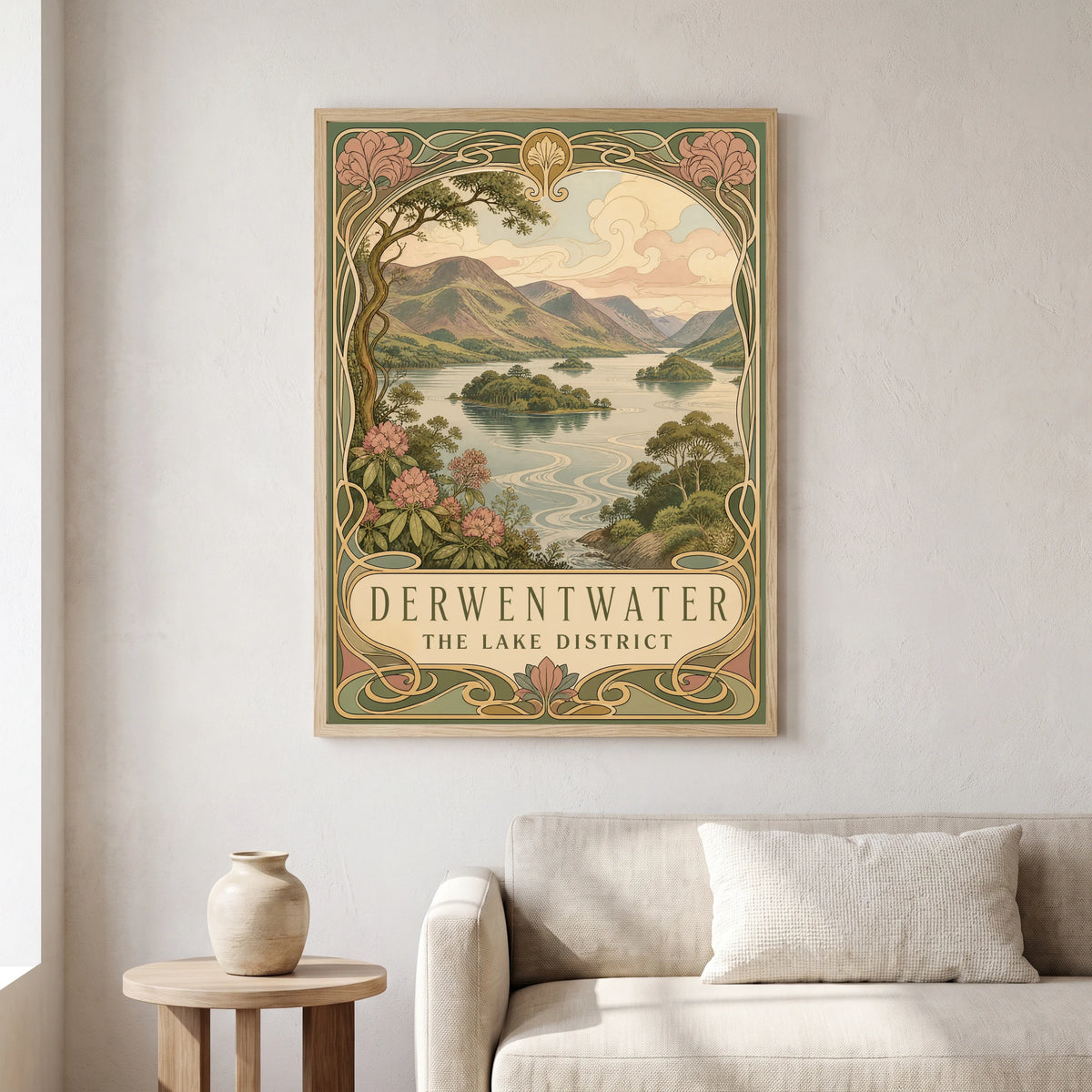 Derwentwater travel poster in a natural frame, hanging in a living