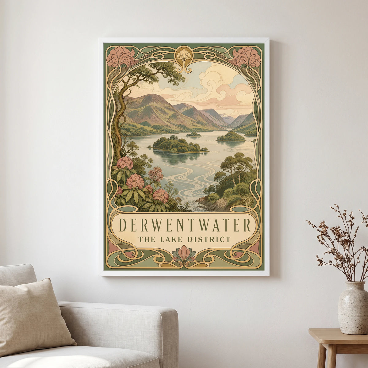 Derwentwater travel poster in a white frame, hanging in a living2
