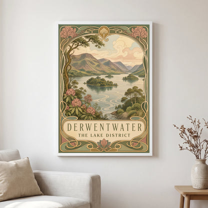 Derwentwater travel poster in a white frame, hanging in a living2