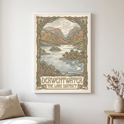 Derwentwater travel poster in a white frame, hanging in a living2
