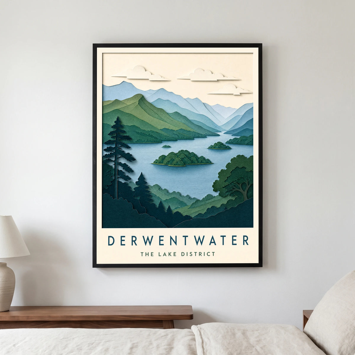 Derwentwater travel poster in a black frame, hanging in a bedroom3