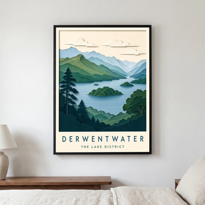 Derwentwater travel poster in a black frame, hanging in a bedroom3