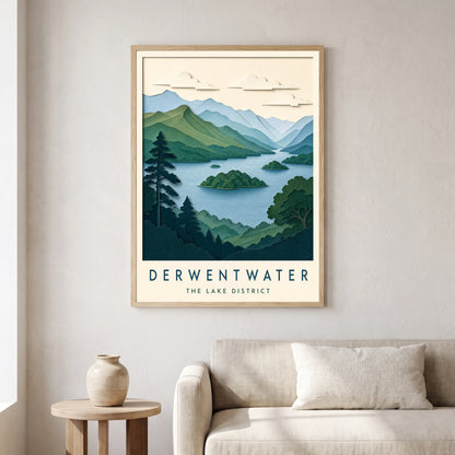 Derwentwater travel poster in a natural frame, hanging in a living