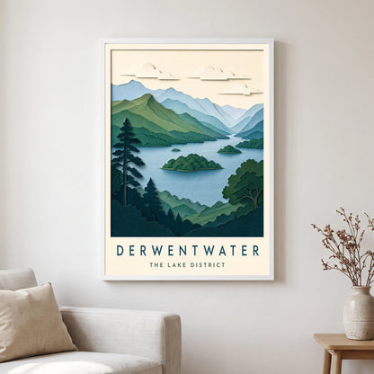 Derwentwater travel poster in a white frame, hanging in a living2