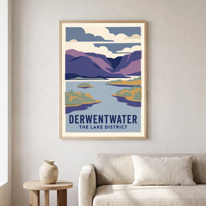 Derwentwater travel poster in a natural frame, hanging in a living