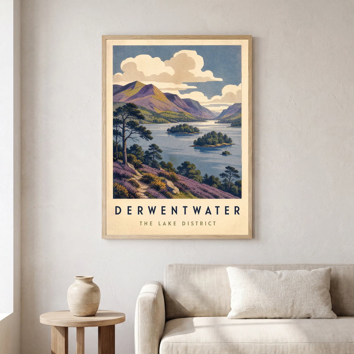 Derwentwater travel poster in a natural frame, hanging in a living