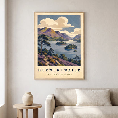 Derwentwater travel poster in a natural frame, hanging in a living