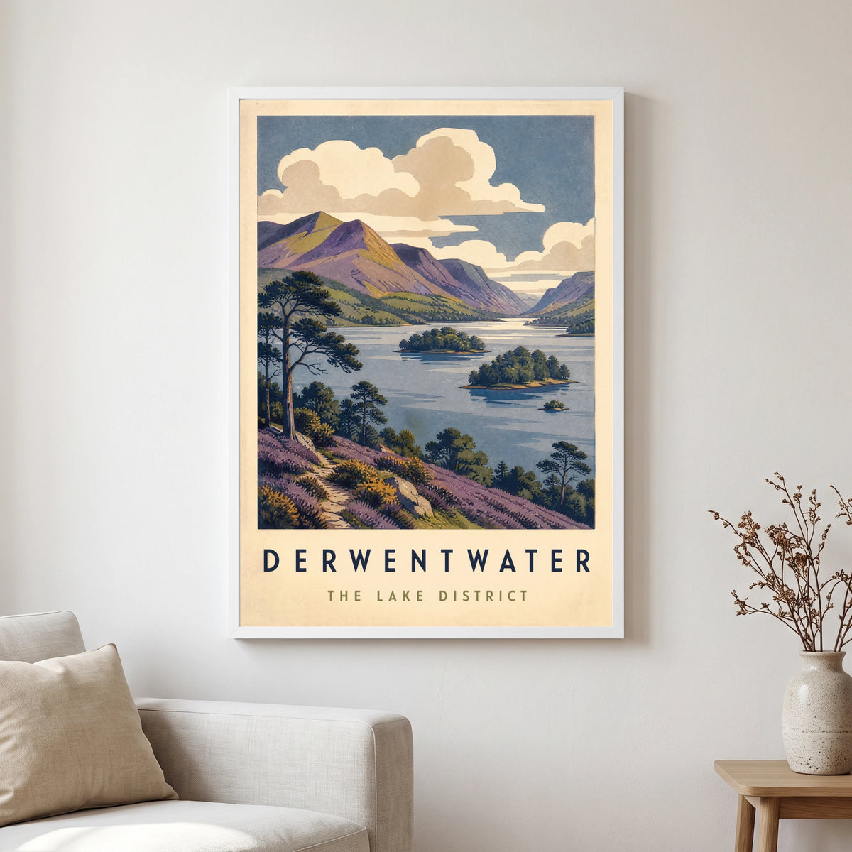 Derwentwater travel poster in a white frame, hanging in a living2