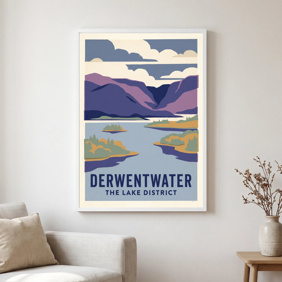 Derwentwater travel poster in a white frame, hanging in a living2