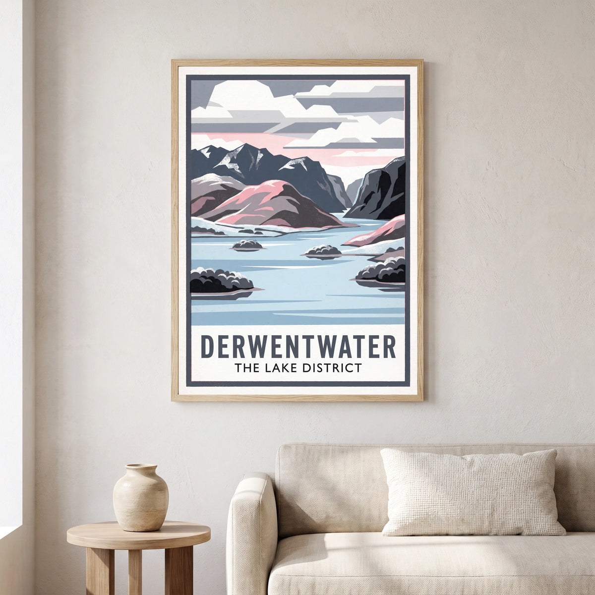 Derwentwater travel poster in a natural frame, hanging in a living