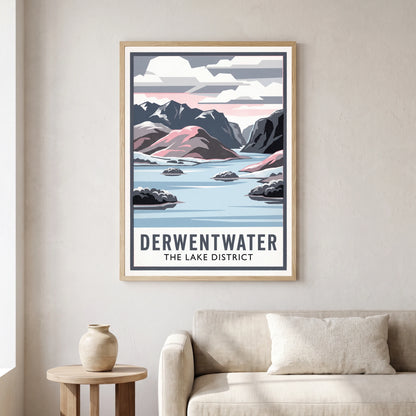 Derwentwater travel poster in a natural frame, hanging in a living