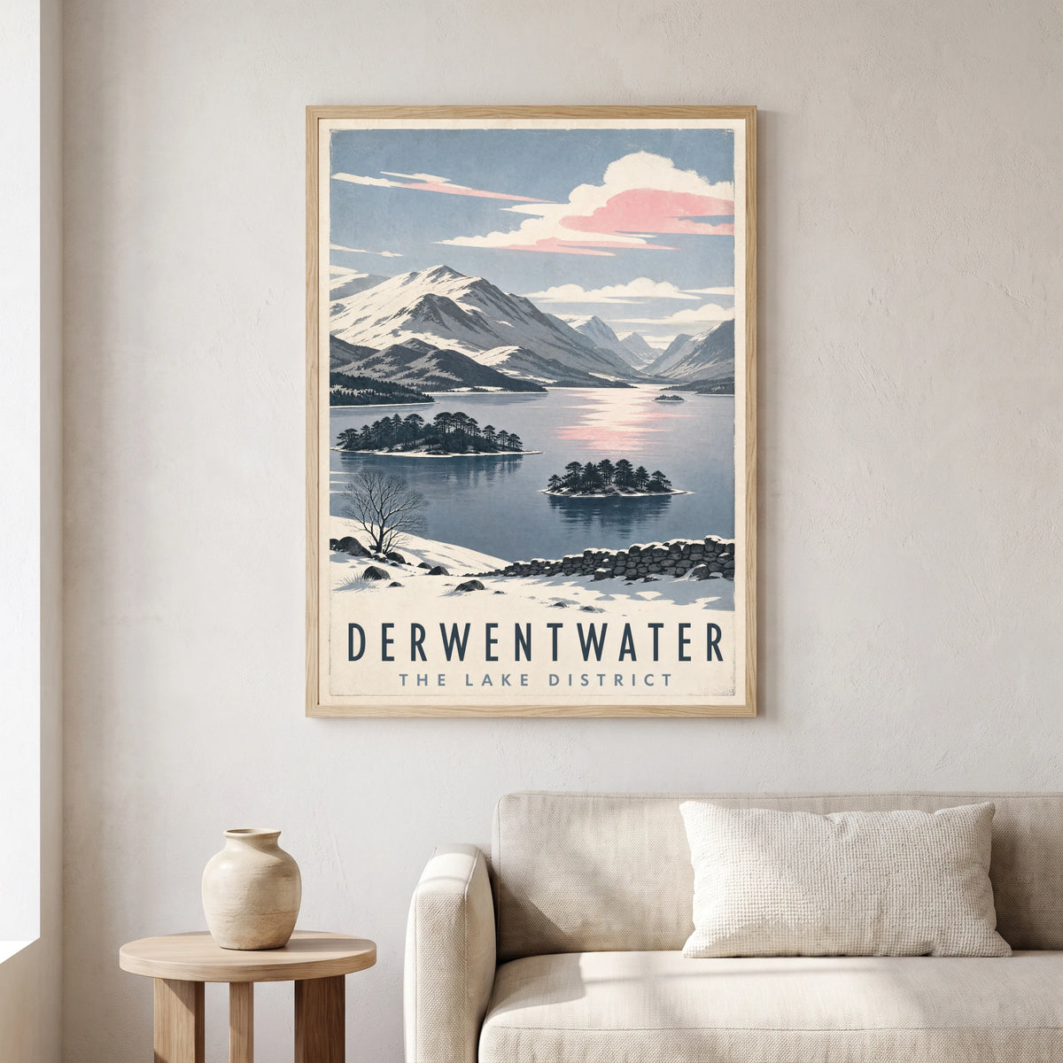 Derwentwater travel poster in a natural frame, hanging in a living