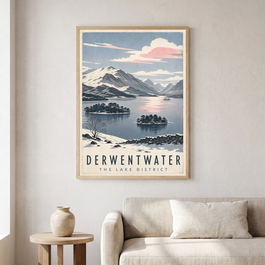Derwentwater travel poster in a natural frame, hanging in a living