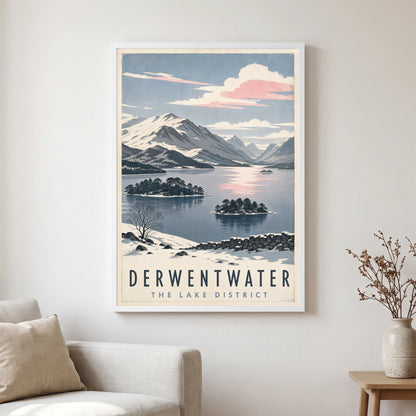 Derwentwater travel poster in a white frame, hanging in a living2