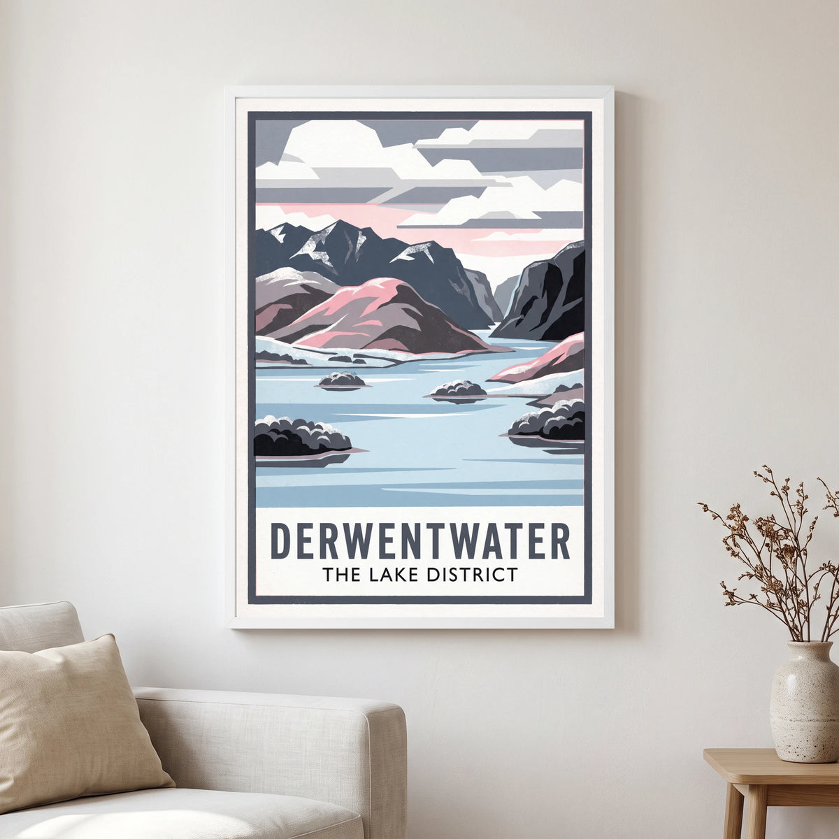 Derwentwater travel poster in a white frame, hanging in a living2
