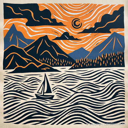 Derwentwater Sailboat Beneath Swirling Skies - lake district lake art print and canvas by Leon Baxter A.I