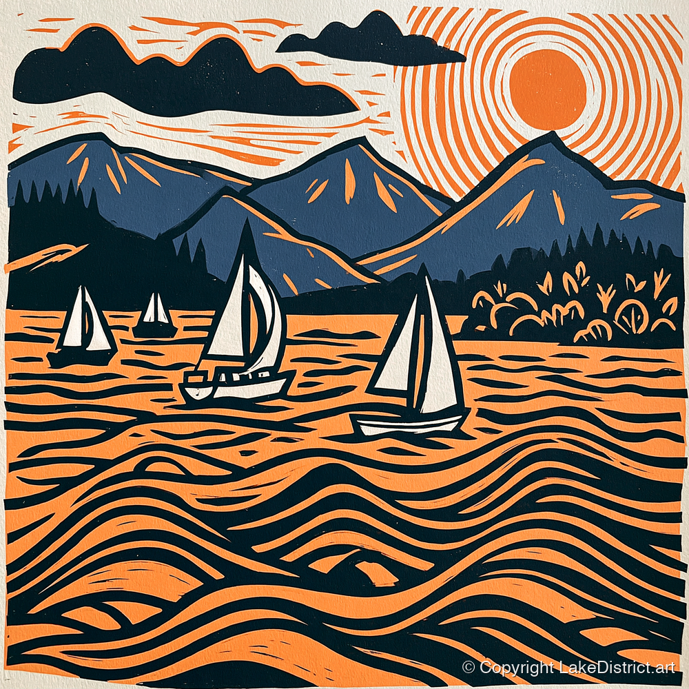 Derwentwater Sailboats Under Radiating Sun - lake district lake art print and canvas by Leon Baxter A.I