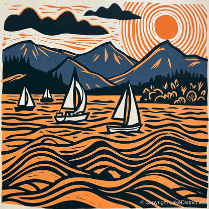 Derwentwater Sailboats Under Radiating Sun - lake district lake art print and canvas by Leon Baxter A.I