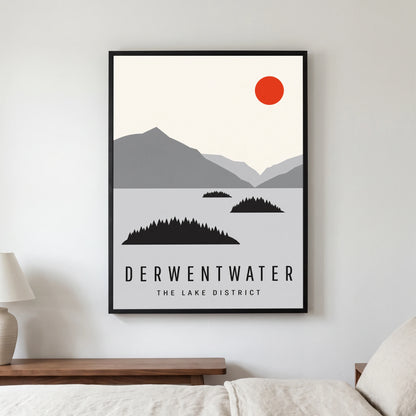 Derwentwater travel poster in a black frame, hanging in a bedroom3