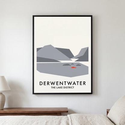Derwentwater travel poster in a black frame, hanging in a bedroom3