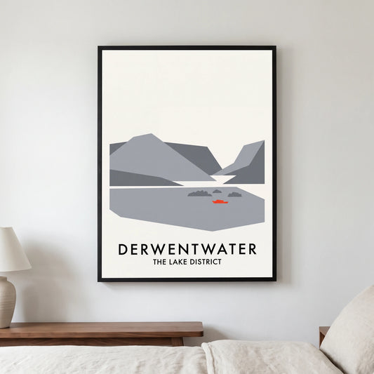 Derwentwater travel poster in a black frame, hanging in a bedroom3