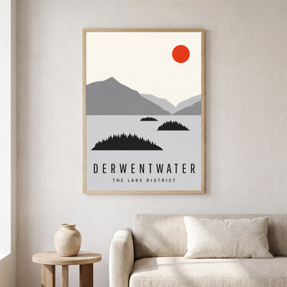 Derwentwater travel poster in a natural frame, hanging in a living