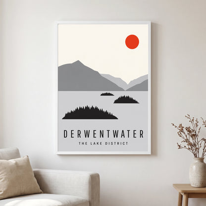 Derwentwater travel poster in a white frame, hanging in a living2