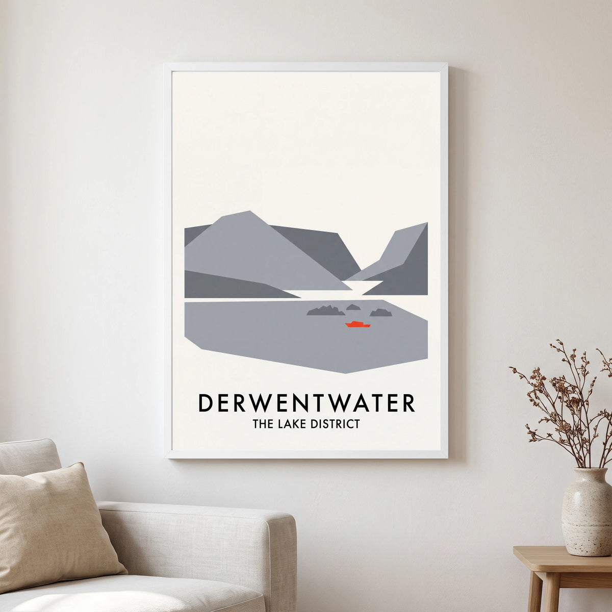 Derwentwater travel poster in a white frame, hanging in a living2