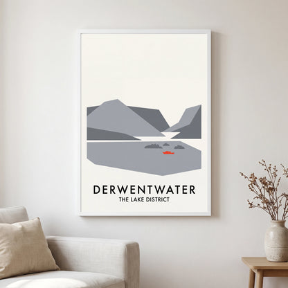 Derwentwater travel poster in a white frame, hanging in a living2