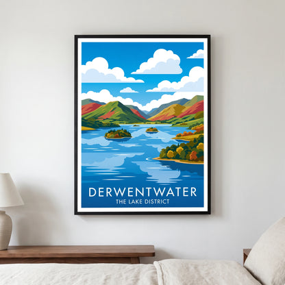 Derwentwater travel poster in a black frame, hanging in a bedroom3