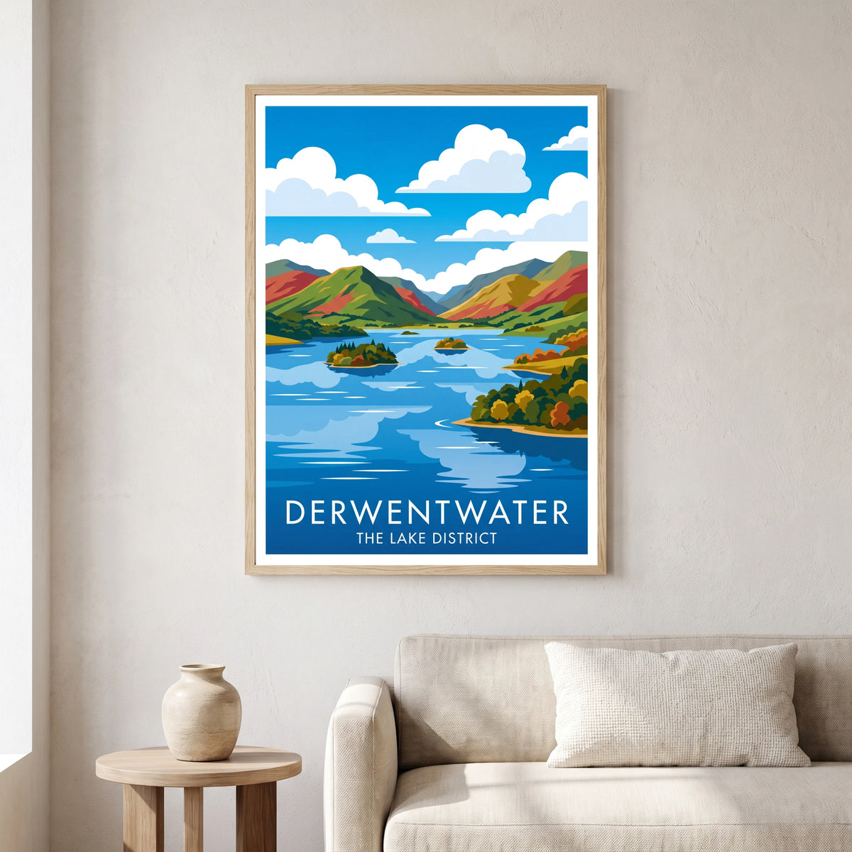 Derwentwater travel poster in a natural frame, hanging in a living