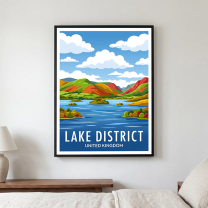 Derwentwater travel poster in a black frame, hanging in a bedroom3