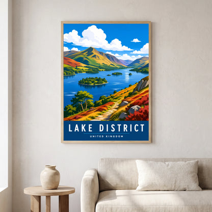 Derwentwater travel poster in a natural frame, hanging in a living