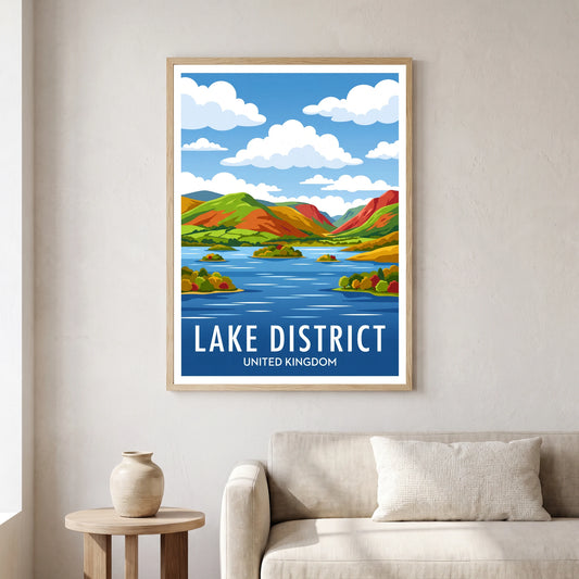 Derwentwater travel poster in a natural frame, hanging in a living
