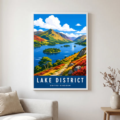 Derwentwater travel poster in a white frame, hanging in a living2