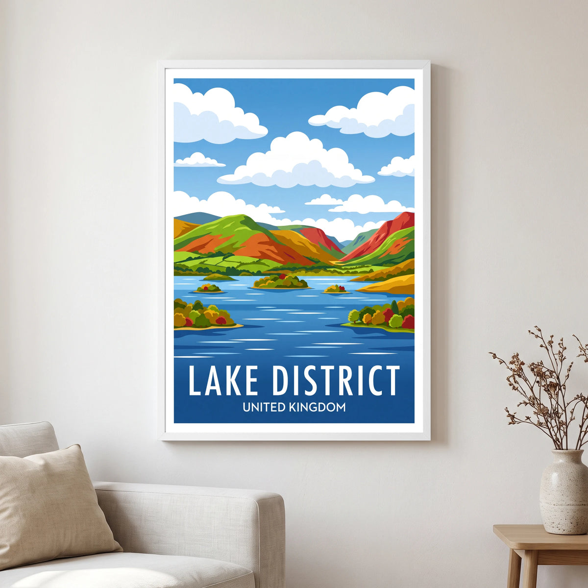 Derwentwater travel poster in a white frame, hanging in a living2