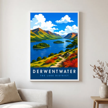 Derwentwater travel poster in a white frame, hanging in a living2