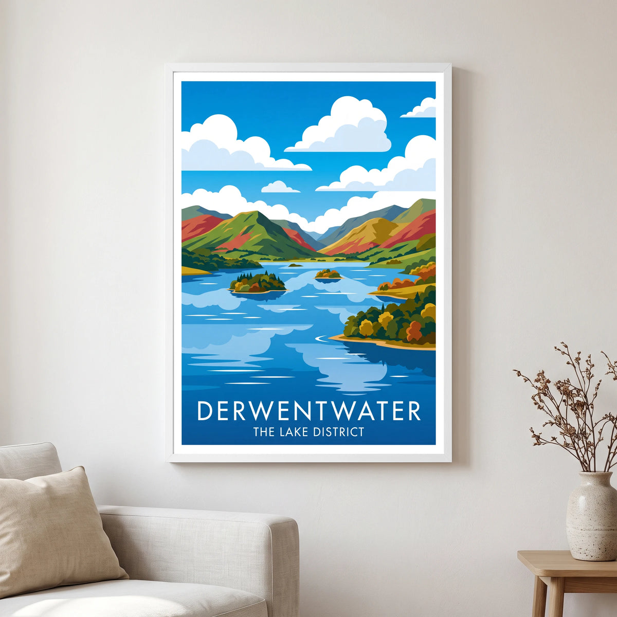 Derwentwater travel poster in a white frame, hanging in a living2