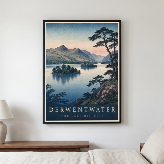 Derwentwater travel poster in a black frame, hanging in a bedroom3