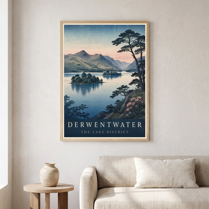 Derwentwater travel poster in a natural frame, hanging in a living