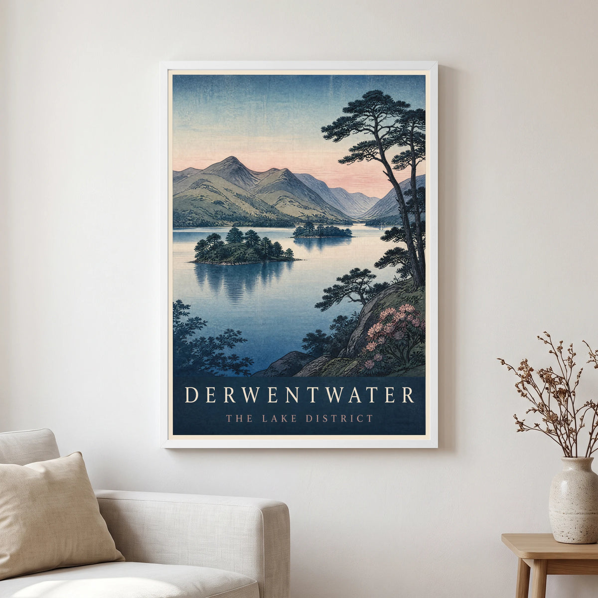 Derwentwater travel poster in a white frame, hanging in a living2