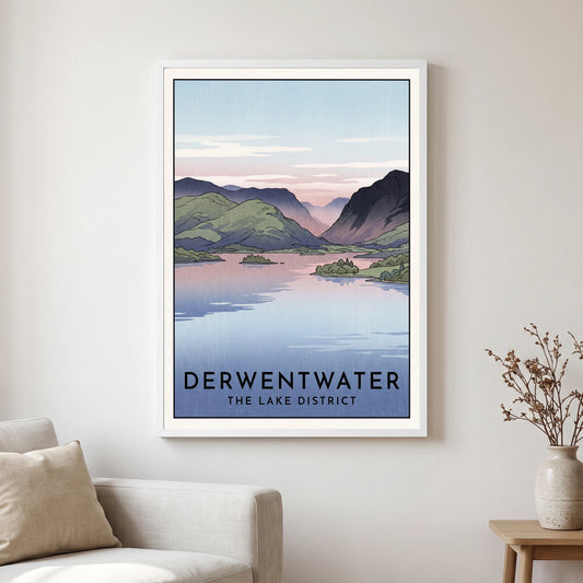 Derwentwater travel poster in a white frame, hanging in a living2