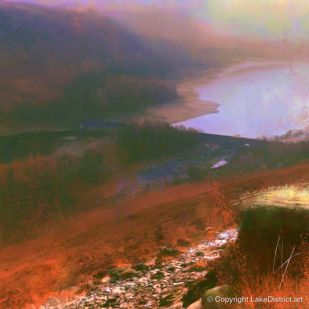 Descending Helvellyn Path to Thirlmere - lake district lake art print and canvas by Rupert Kingsley A.I