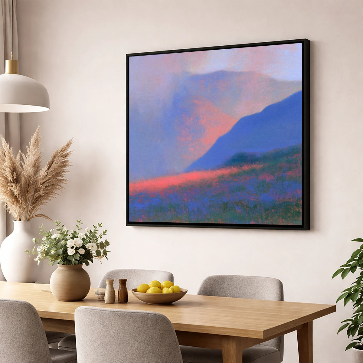 Pink Storm Clouds Over Fells lake district sky wall art displayed in a dining room