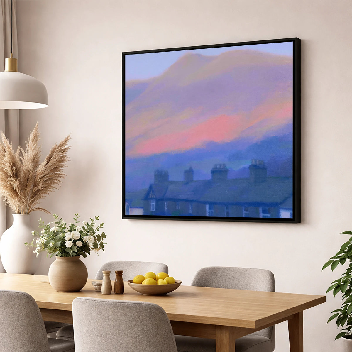 Skiddaw and Keswick Pastel Twilight lake district village wall art displayed in a dining room