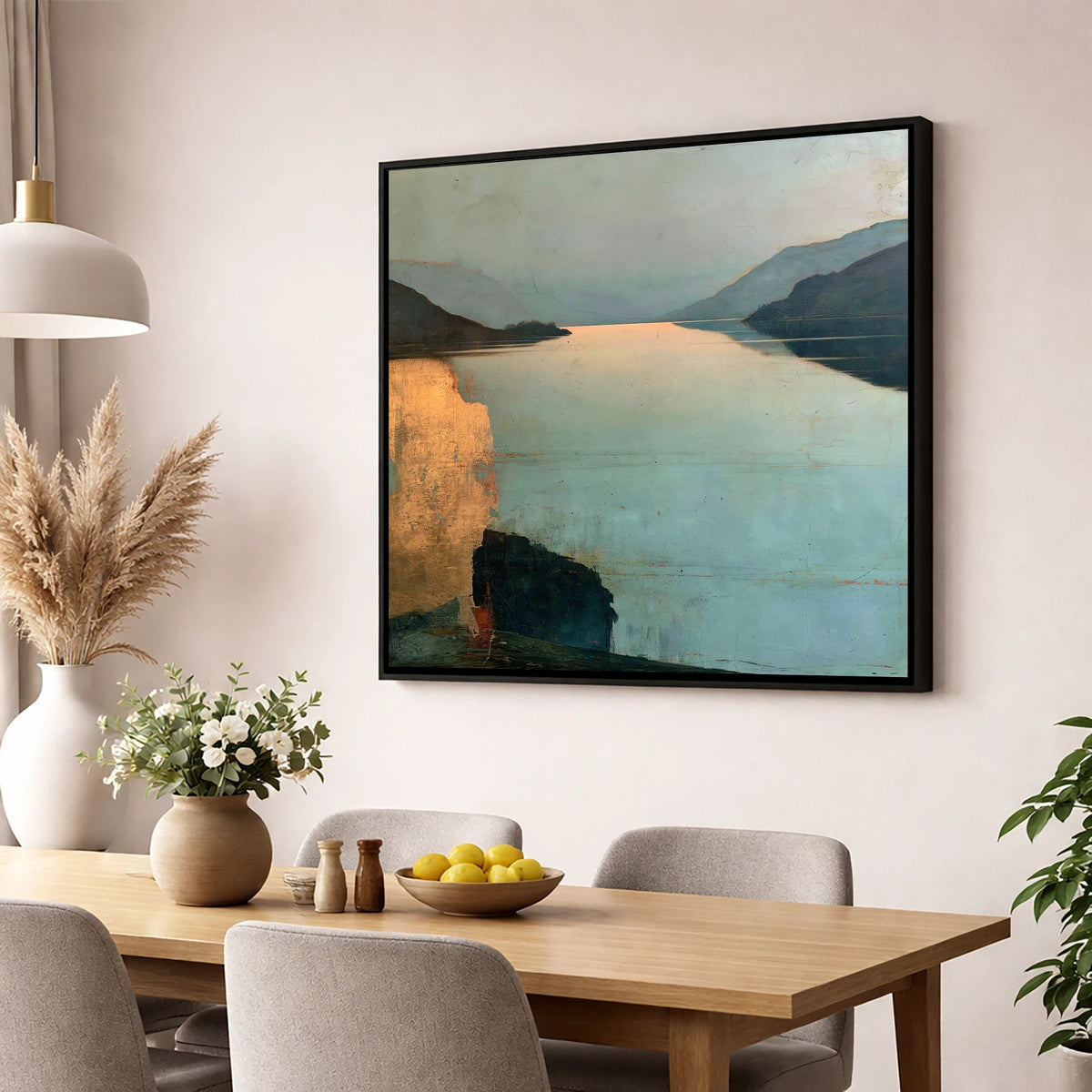 Distant Golden Light on Ullswater lake district lake wall art displayed in a dining room