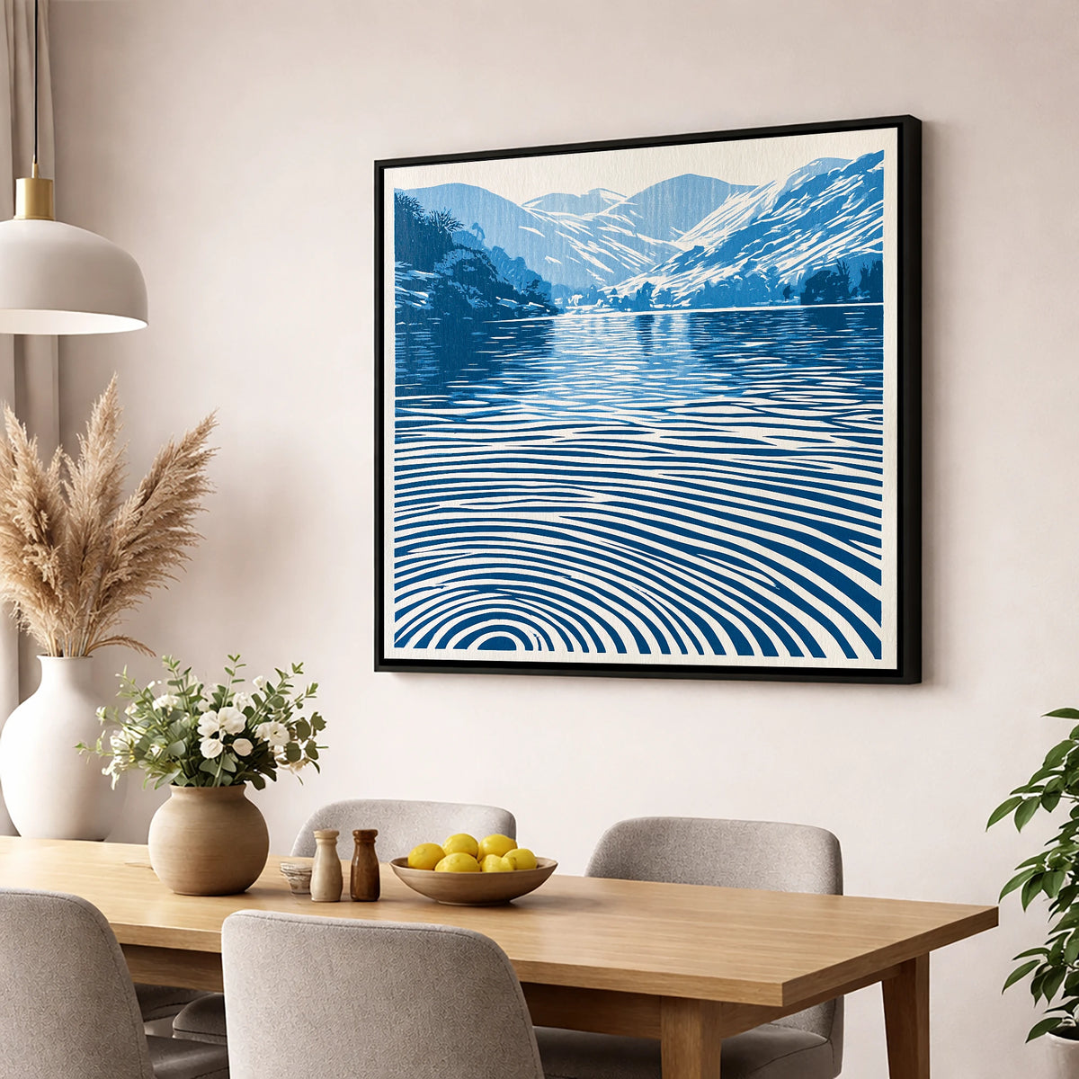 Cobalt Ripples on Dawn Lake lake district lake wall art displayed in a dining room