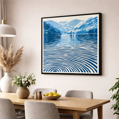 Cobalt Ripples on Dawn Lake lake district lake wall art displayed in a dining room